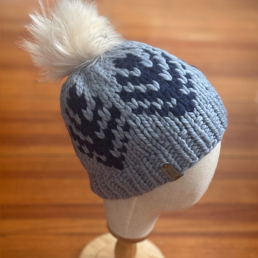 Handknit Merino Wool Hat: Blue Feather Pattern Pompom Beanie
